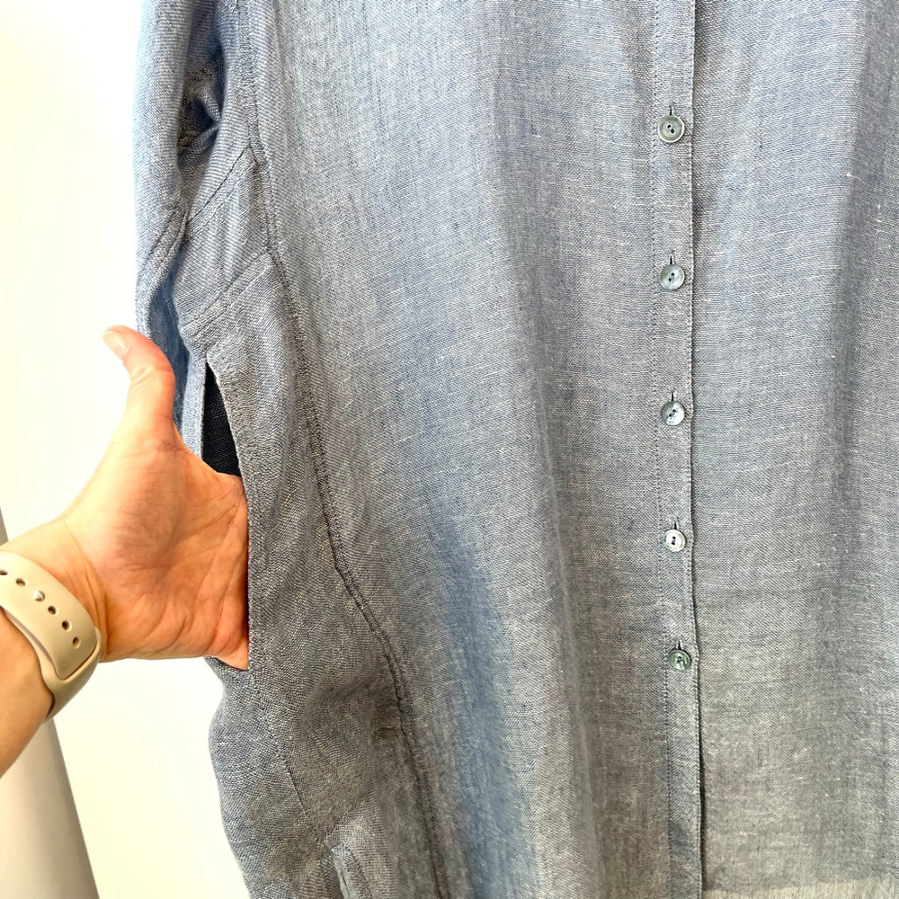 Eileen Fisher Italian Linen Tunic Shirt Jacket Blue Button Front Oversized M - Picture 6 of 14